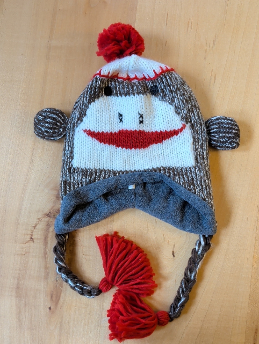 Chunky Knit Sock Monkey Hat with Red Pom and Tassels